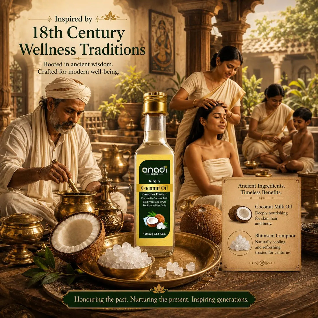 Virgin coconut camphor oil bottle with gold cap in an 18th-century wellness scene