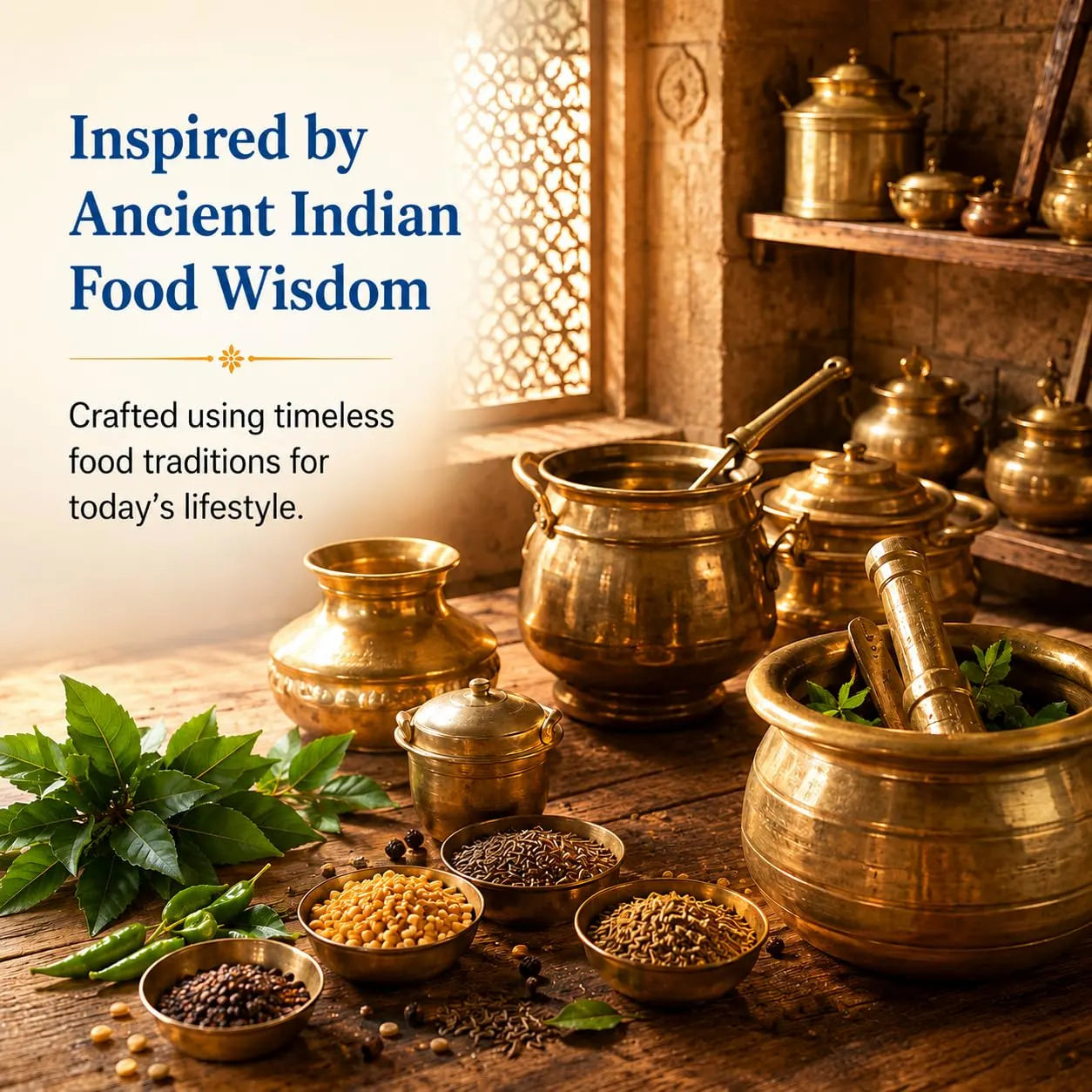 Instant Poha mix with brass pots and bowls of poha ingredients on a kitchen table