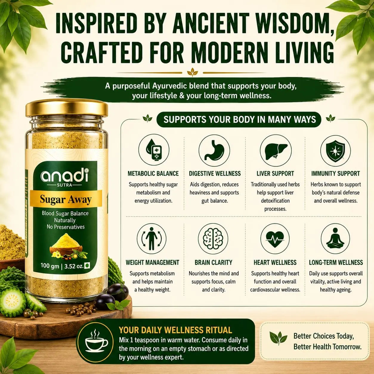 Ayurvedic blend jar with gold lid and green wellness label.