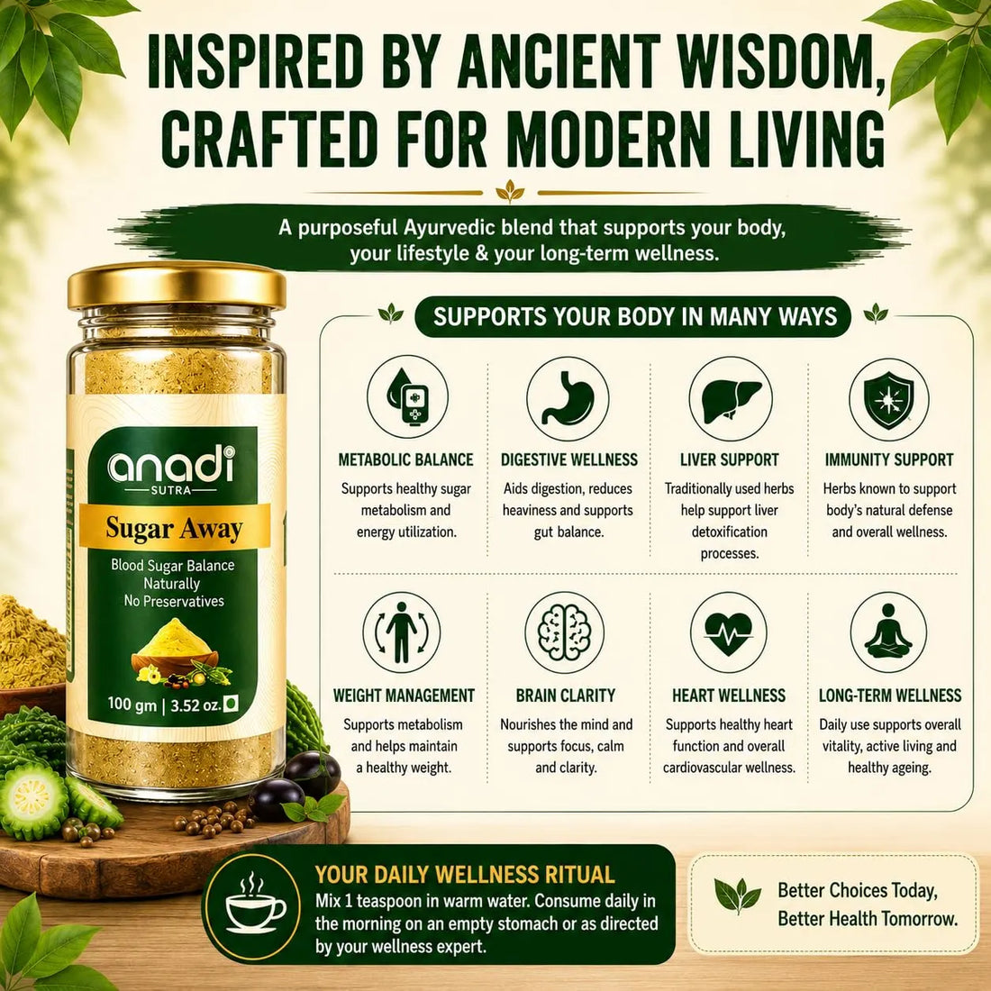 Ayurvedic blend jar with gold lid and green wellness label.