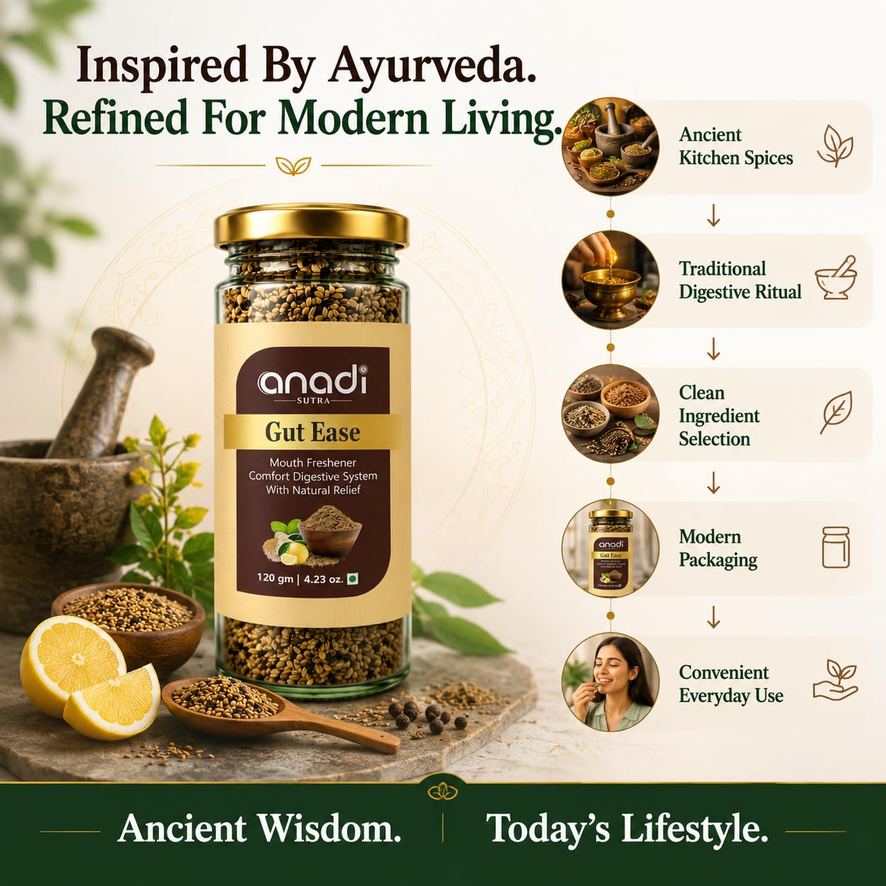 anadi Gut Ease jar with gold lid, herbs and lemon on stone surface