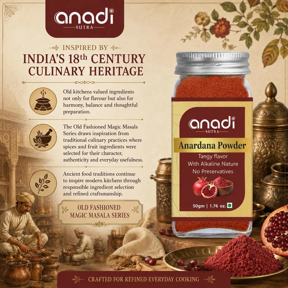 Pomegranate seed powder jar with maroon label and red powder, with decorative brass pot