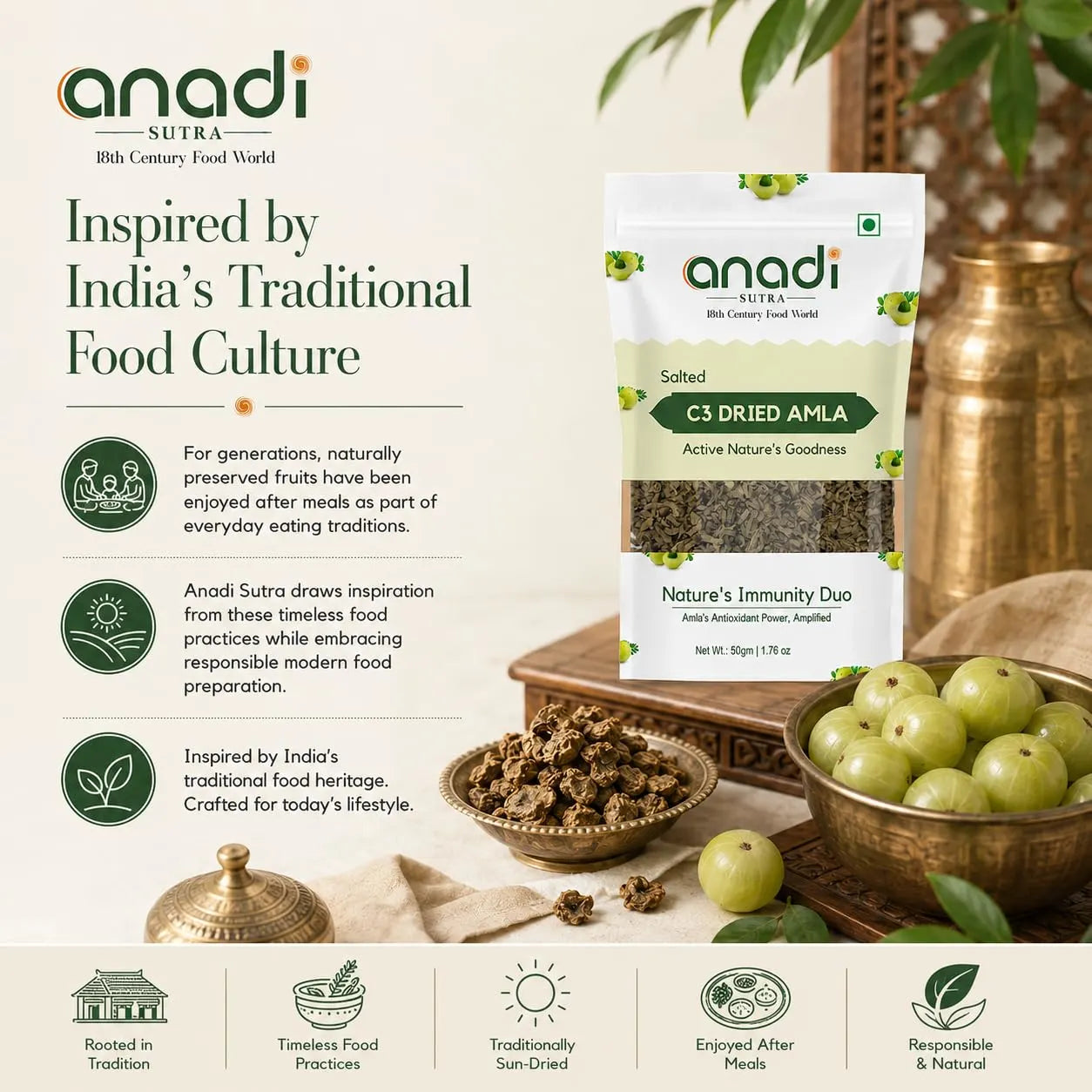 Salted C3 dried amla pouch with fresh green amla fruits and bowl of dried pieces