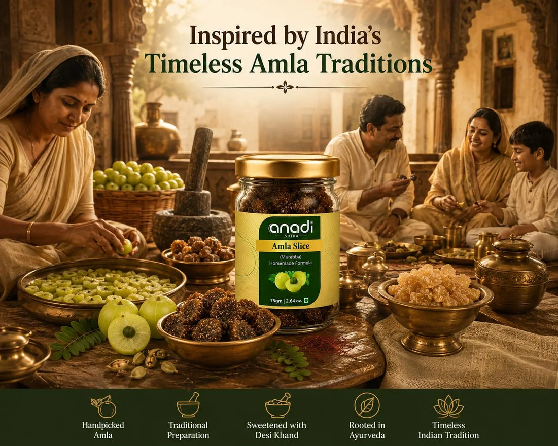 Amla slice jar with green label and dark brown amla pieces, surrounded by bowls