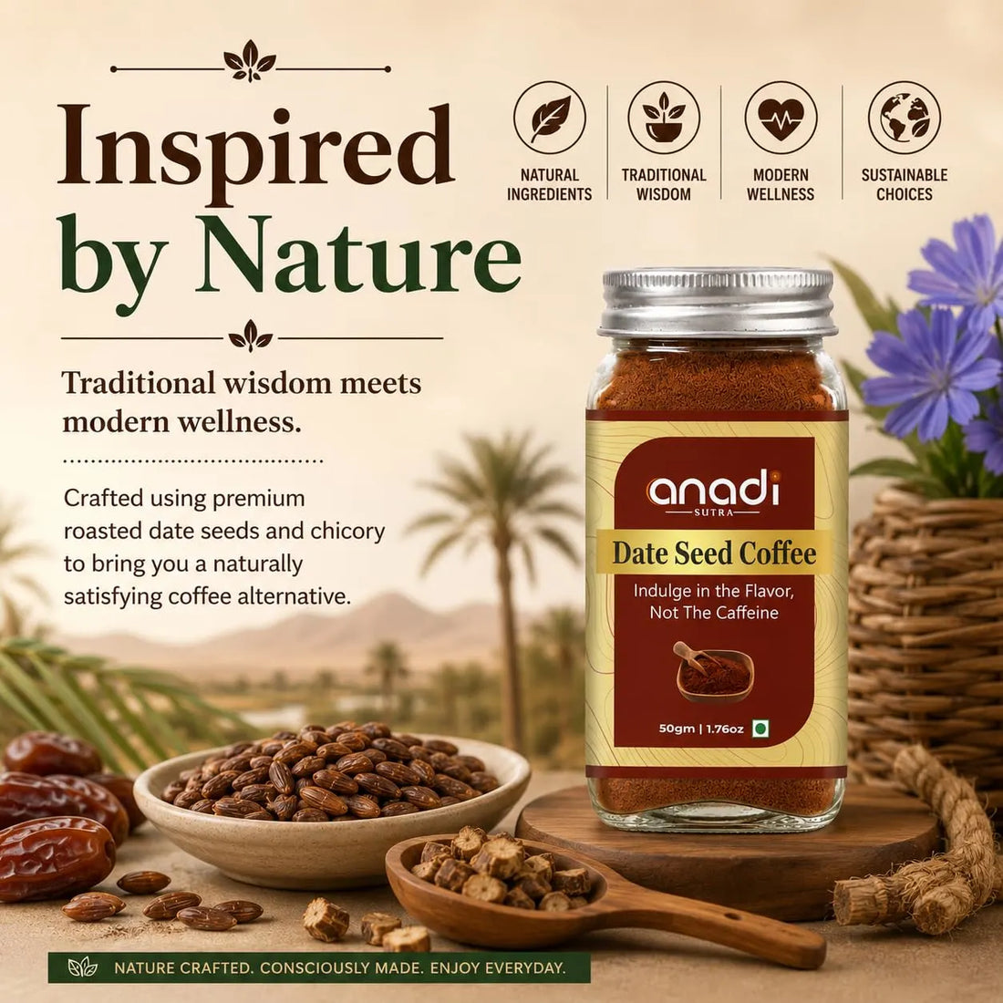 anadi date seed coffee jar with bowls of date seeds, woody and leafy product setup