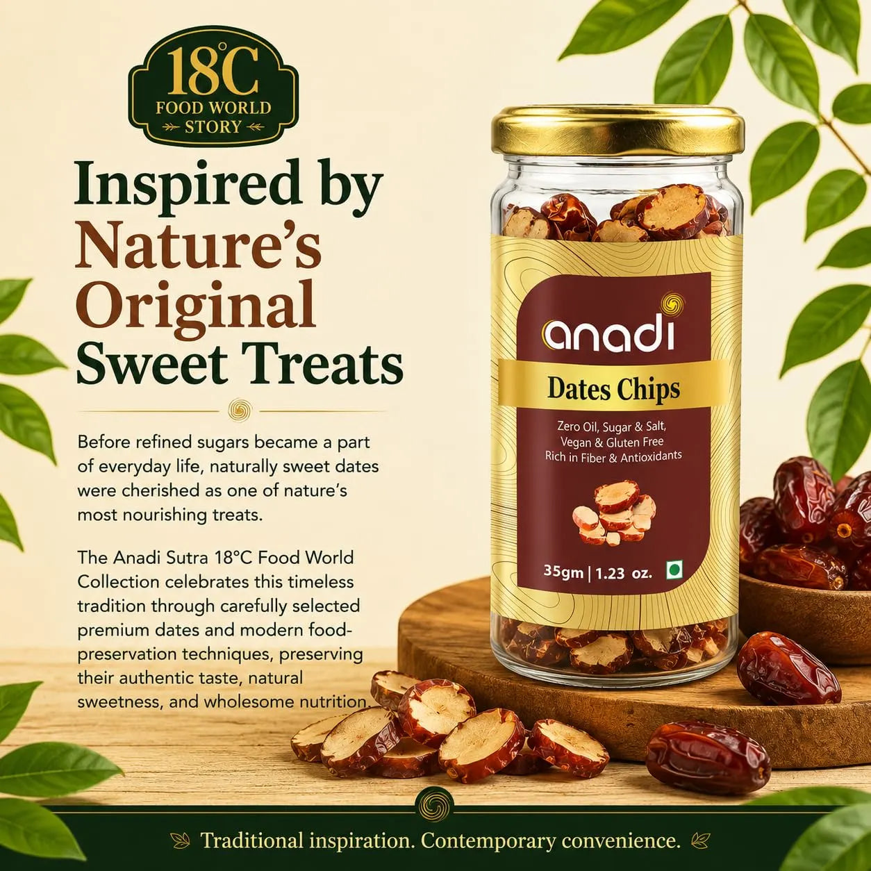 anadi Dates Chips jar with gold cap, surrounded by date pieces on a wood slice
