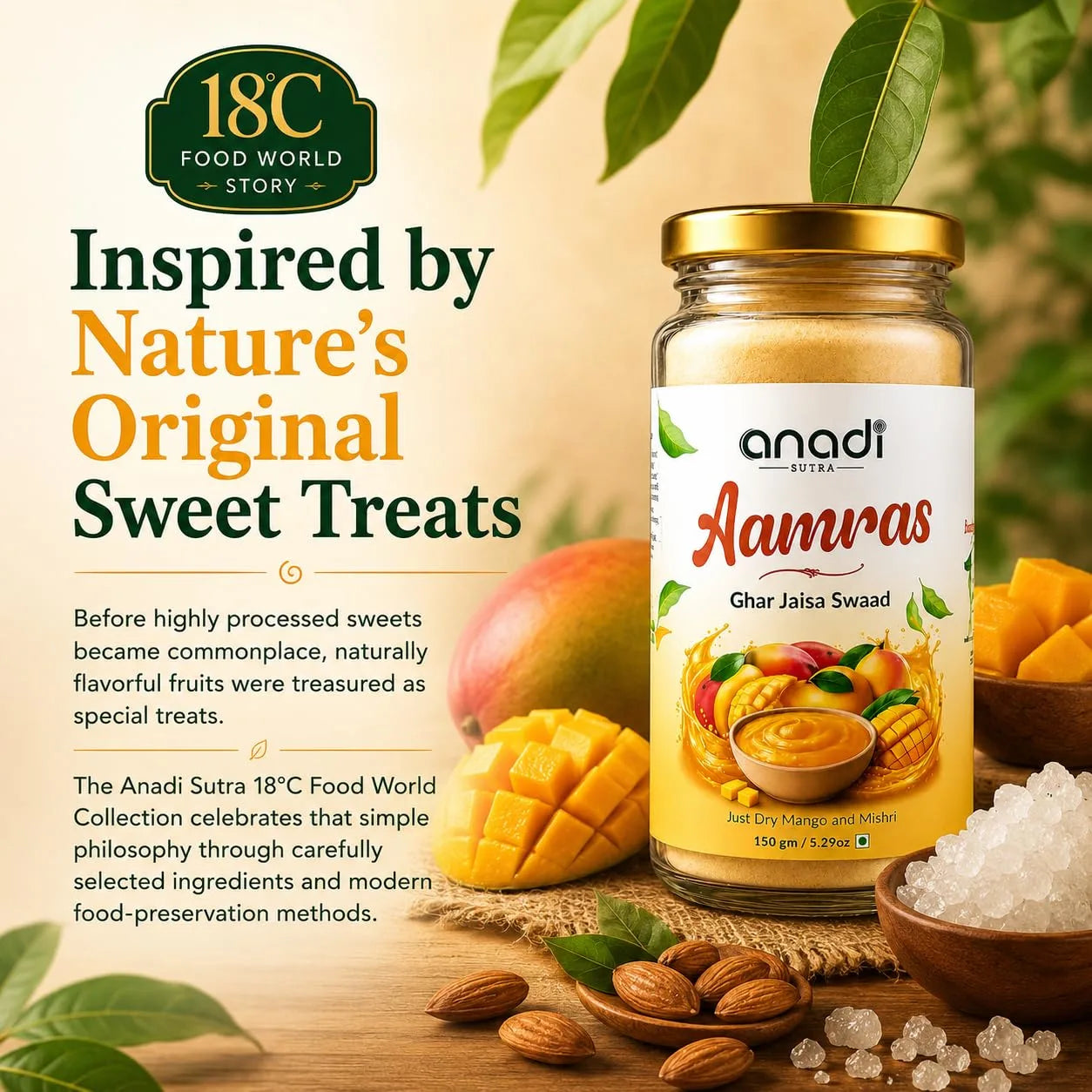 Mango fruit pulp jar with gold lid, mango chunks and almonds on display