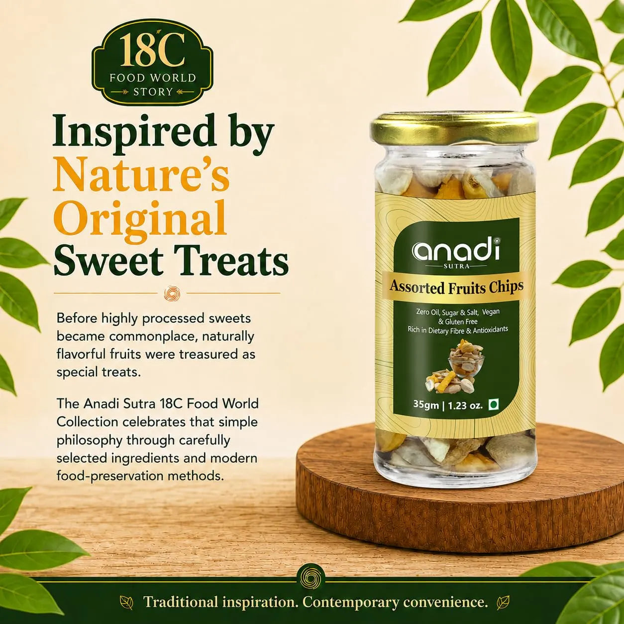 Assorted fruit chips jar with golden lid and green label, 35 g
