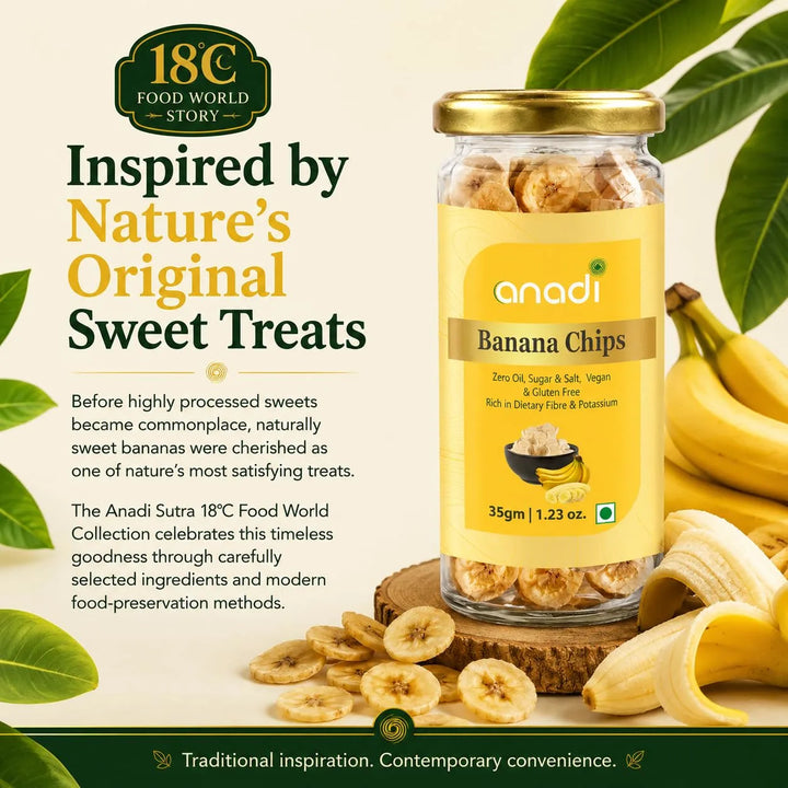 Banana chips jar with gold cap on wooden surface, with banana slices and chips