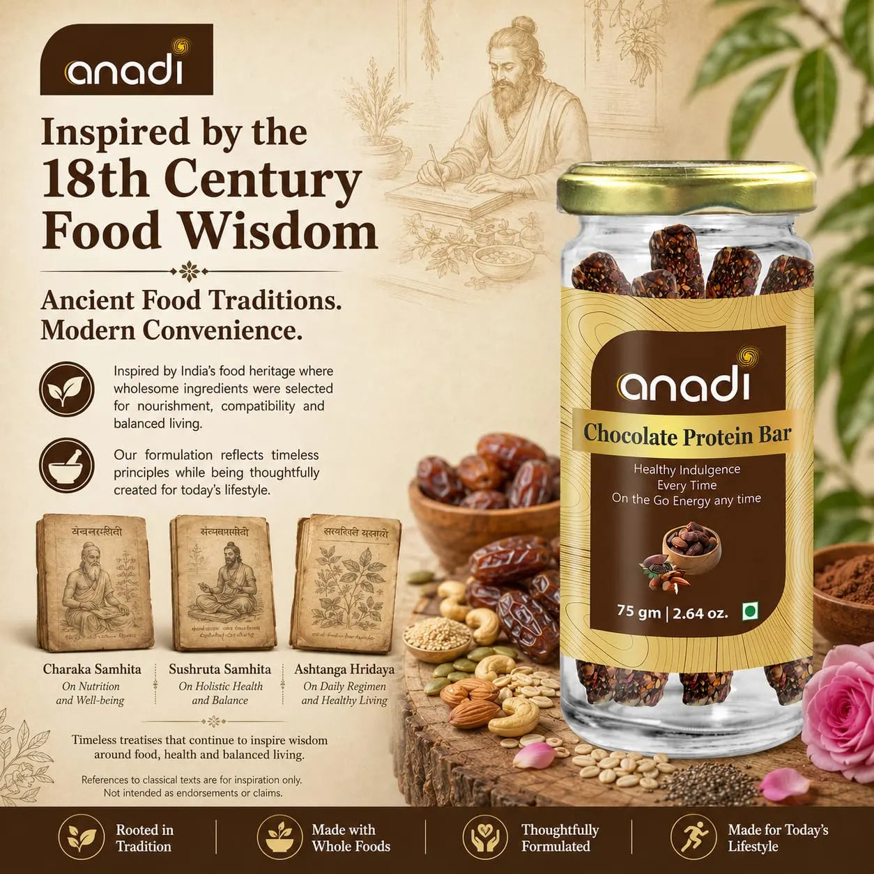 anadi Chocolate Protein Bar glass jar with gold lid, label beside 18th Century Food Wisdom text