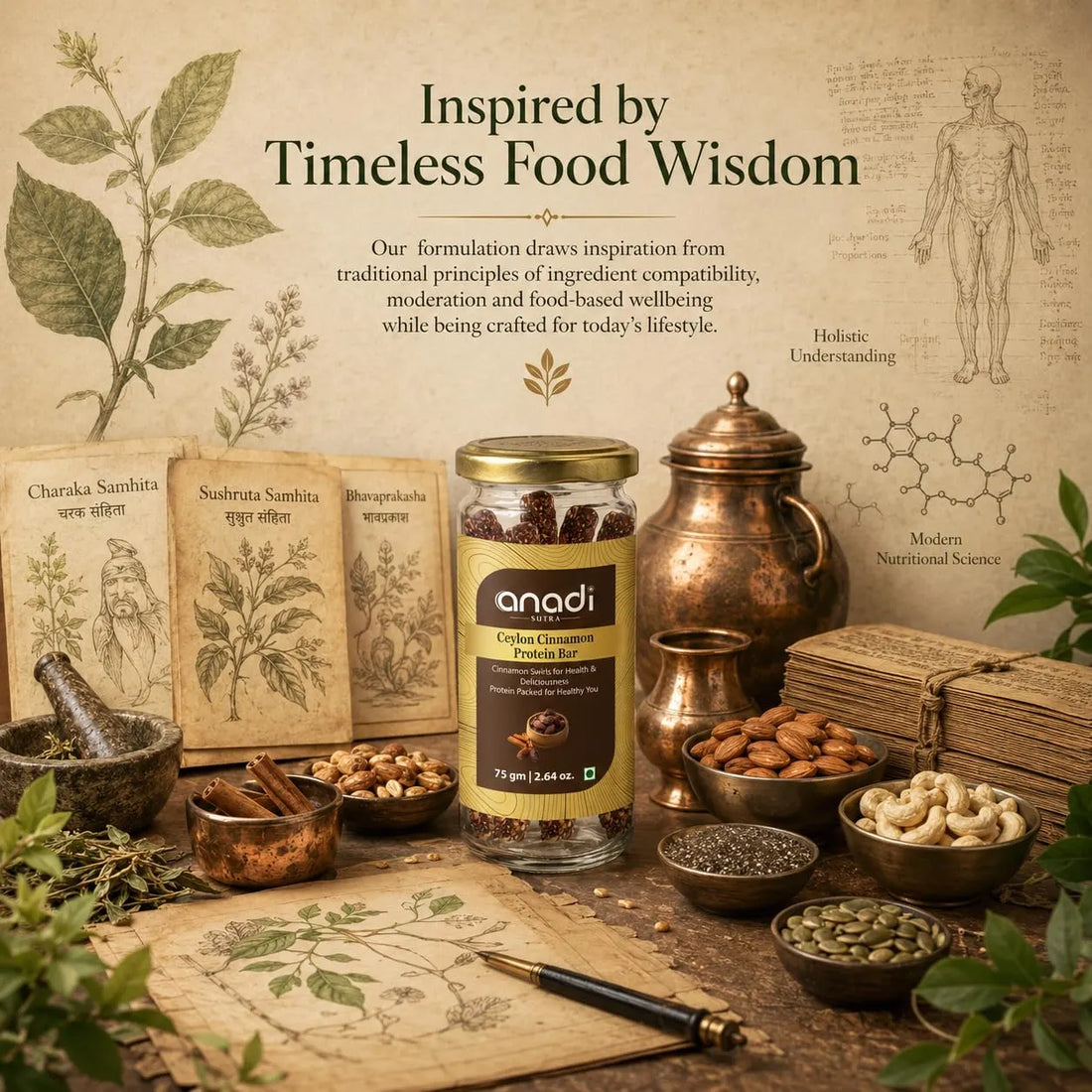 Protein bar jar with gold lid among traditional books, herbs, and spices