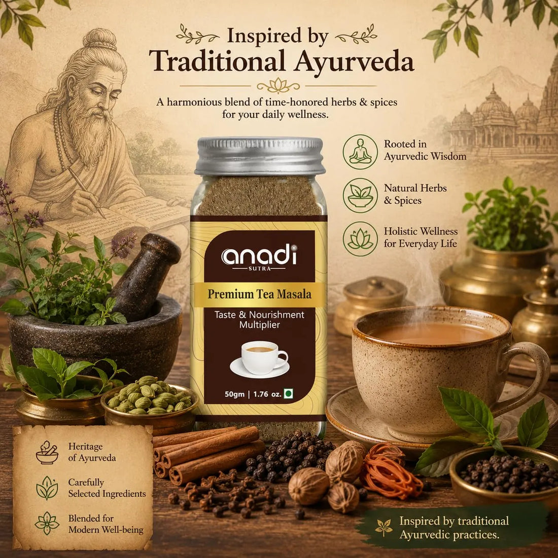Tea masala jar with cinnamon, peppercorns, and herbs around it, Ayurveda theme
