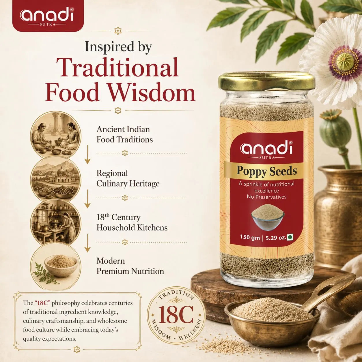 anadi Poppy Seeds glass jar with gold lid and bowl of dried seeds