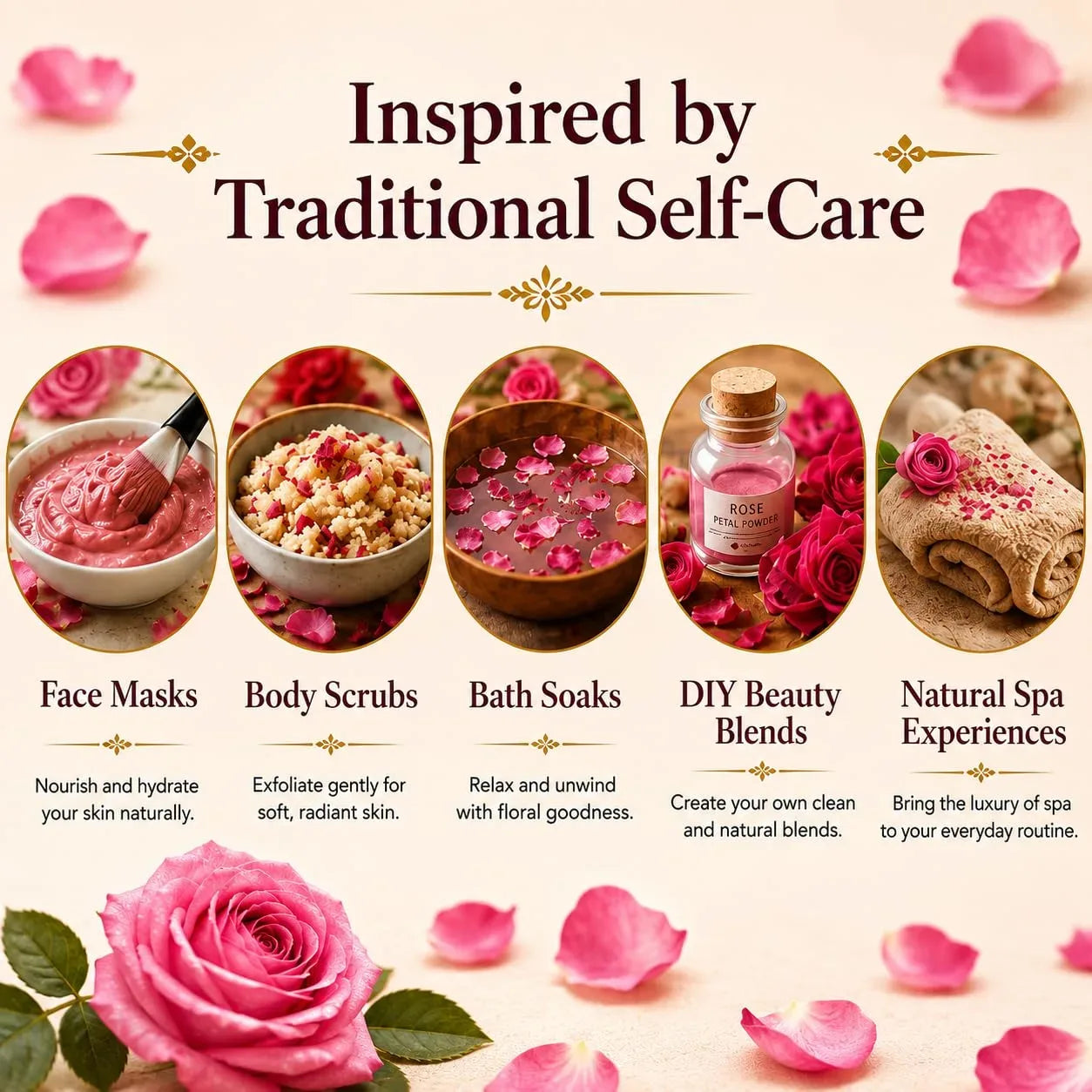 Rose petal powder jar with gold lid, pink granules