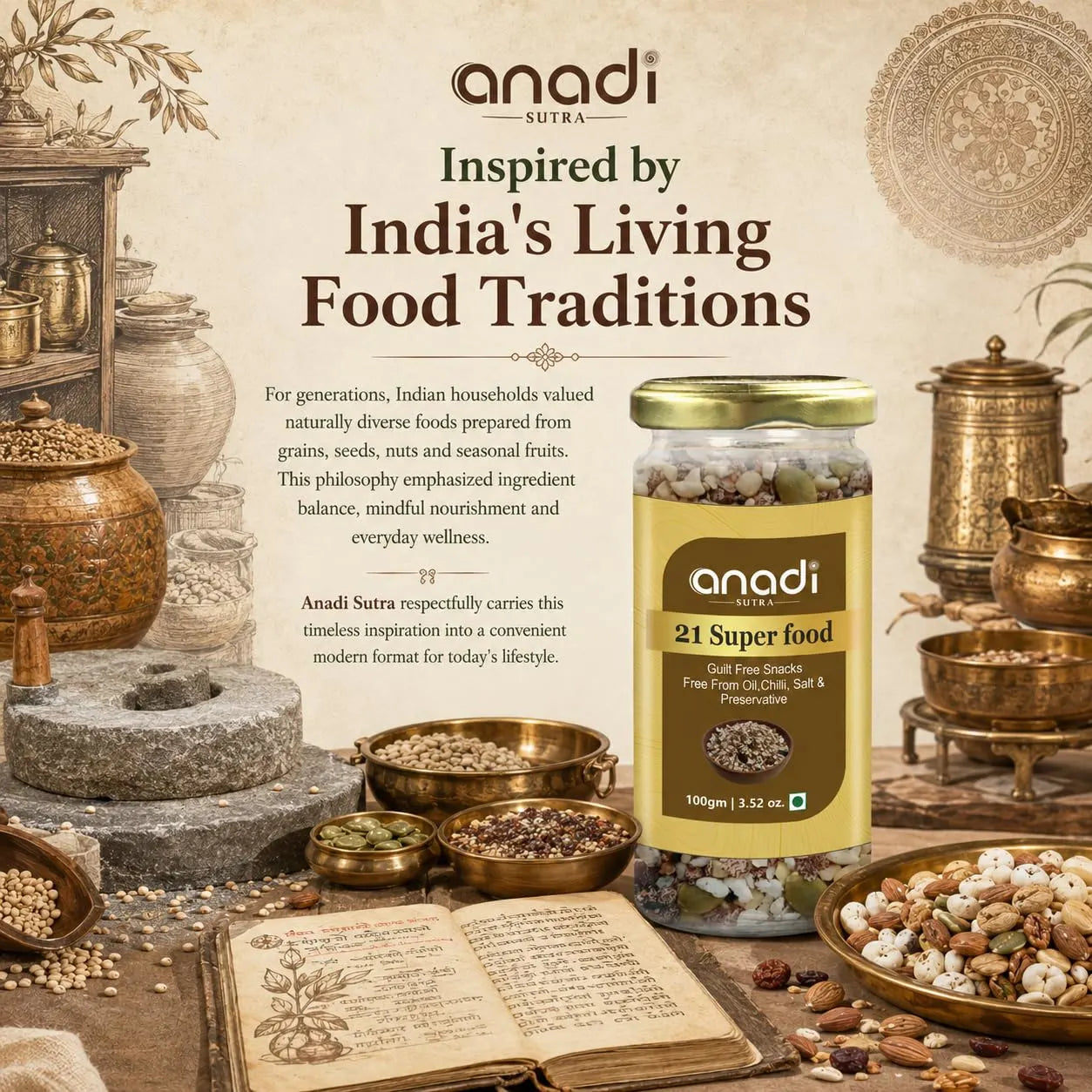 Anadi Sutra 21 Super food jar with gold lid beside traditional food ingredients