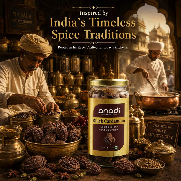 Gold-lidded anadi SUTRA black cardamom jar with whole pods, 75 g