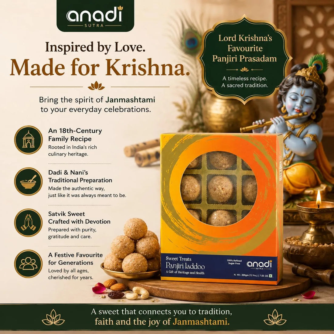 Krishna-themed sweet laddoo gift box with round ladoos beside it