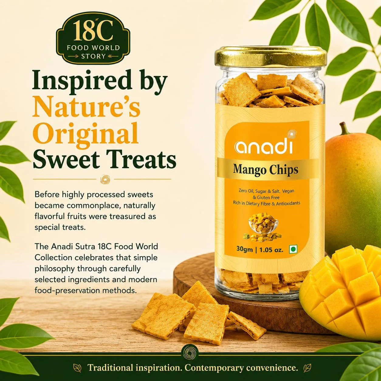 anadi mango chips jar with mango cubes and crisp chips, 30 g