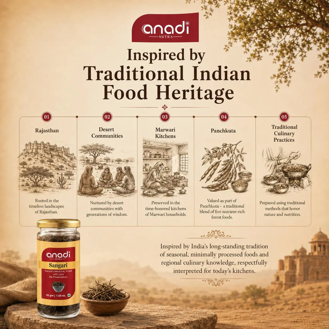 Glass jar of dried sangri with gold lid and label, with a small bowl of sangri