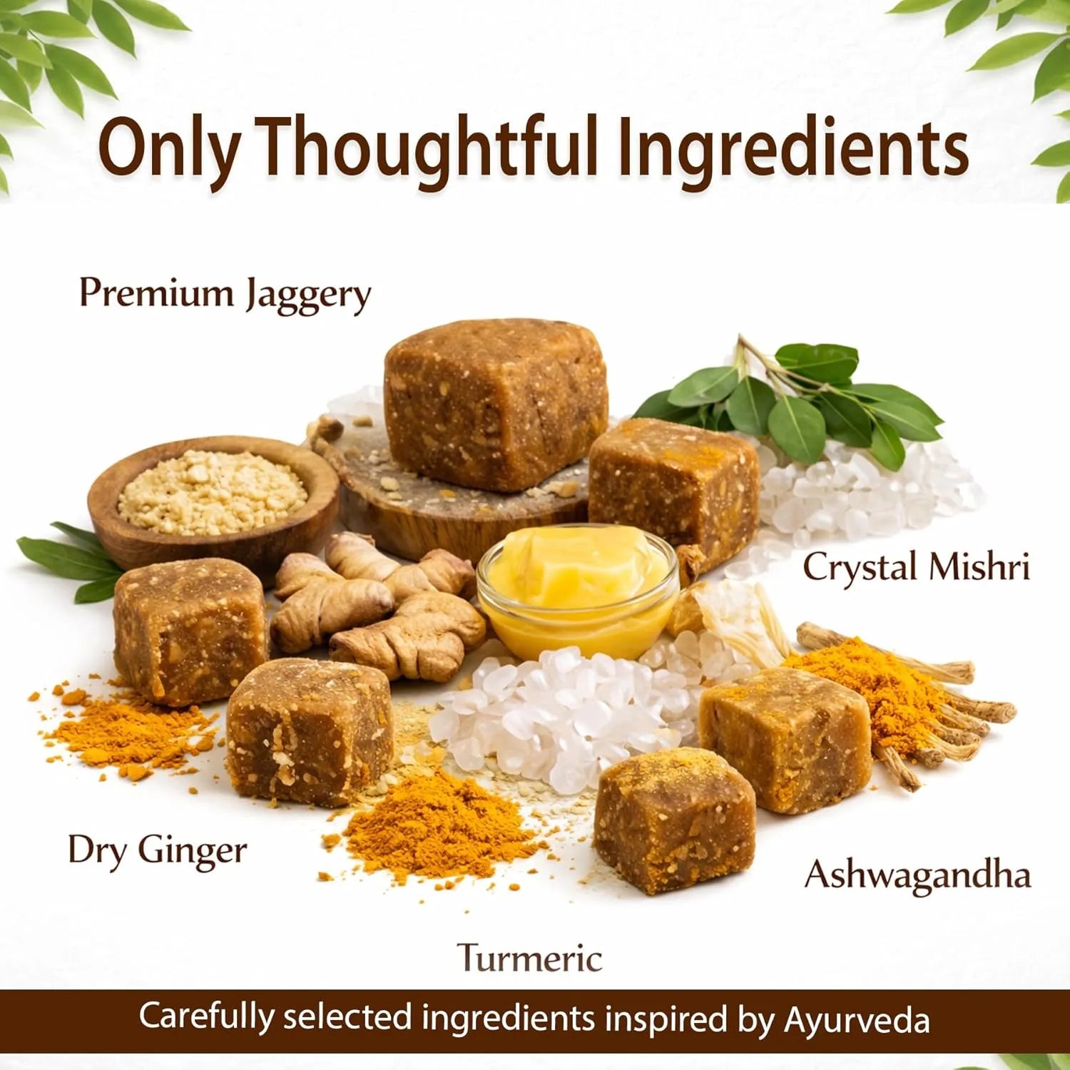 Assorted jaggery cubes with dry ginger, turmeric, ashwagandha, crystal mishri, and herbs