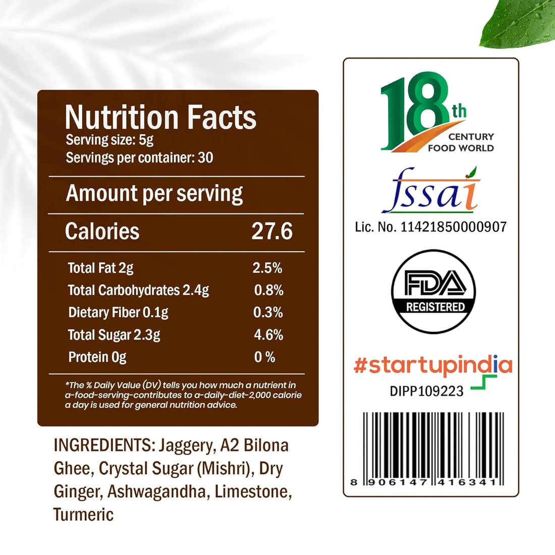 Jaggery nutrition facts label with barcode and serving details