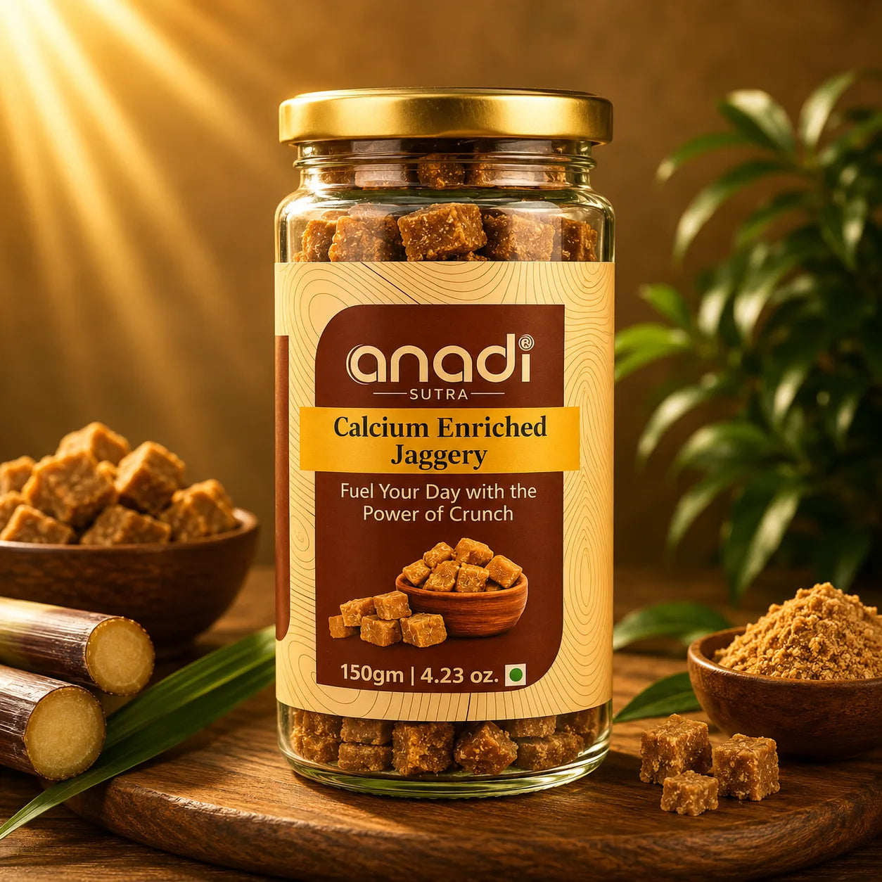 Calcium-enriched jaggery in glass jar with gold lid and brown jaggery cubes