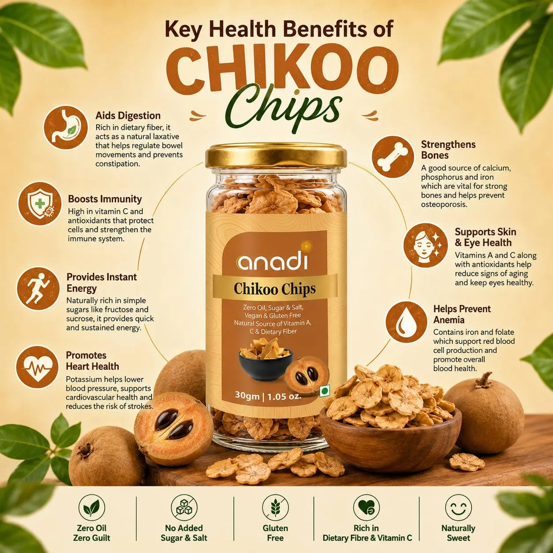 anadi Sutra Chikoo Chips glass jar with freeze-dried chips, 30 g, gold lid