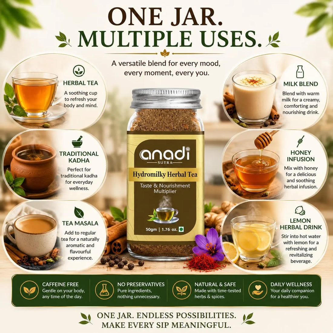 Herbal tea jar centered on “One jar. Multiple uses” themed packaging