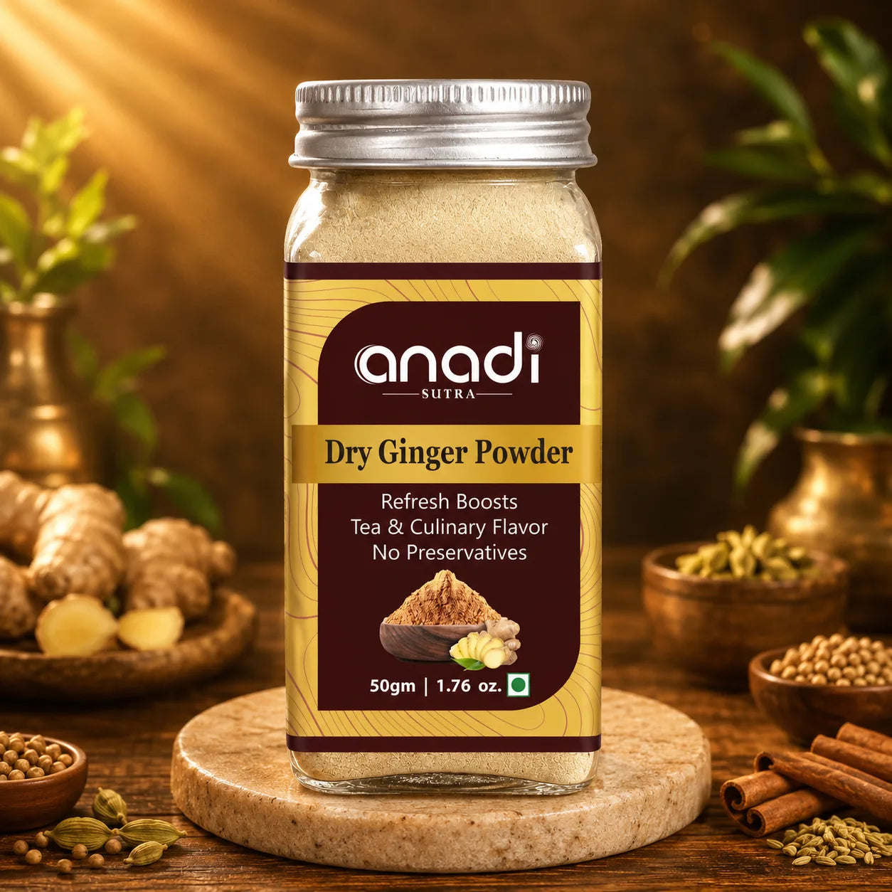 Dry ginger powder jar with metal lid and beige powder inside