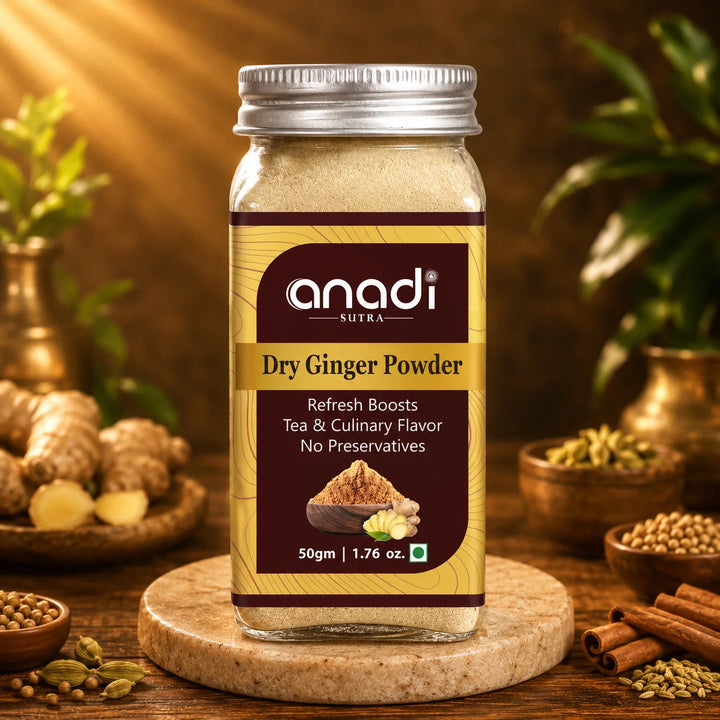 Dry ginger powder jar with metal lid and beige powder inside