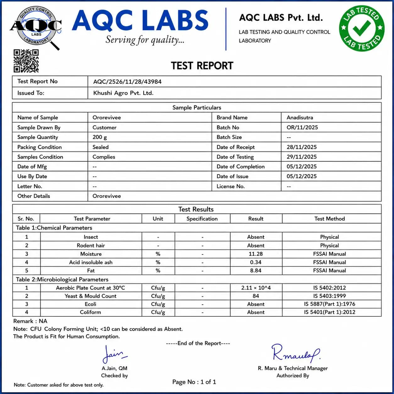 Oro Revivee AQCLabs test report document, showing sample name and test results
