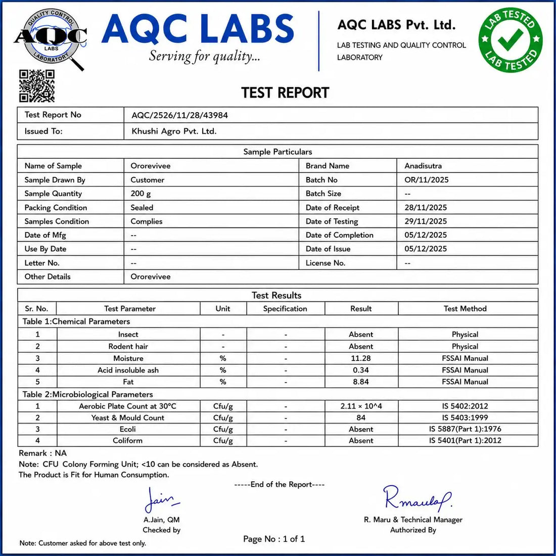 Oro Revivee AQCLabs test report document, showing sample name and test results