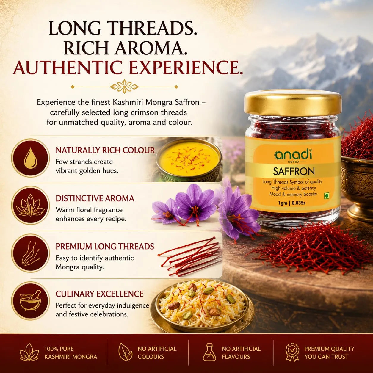 anadi SUTRA saffron jar with gold lid with dried red saffron threads and purple flower