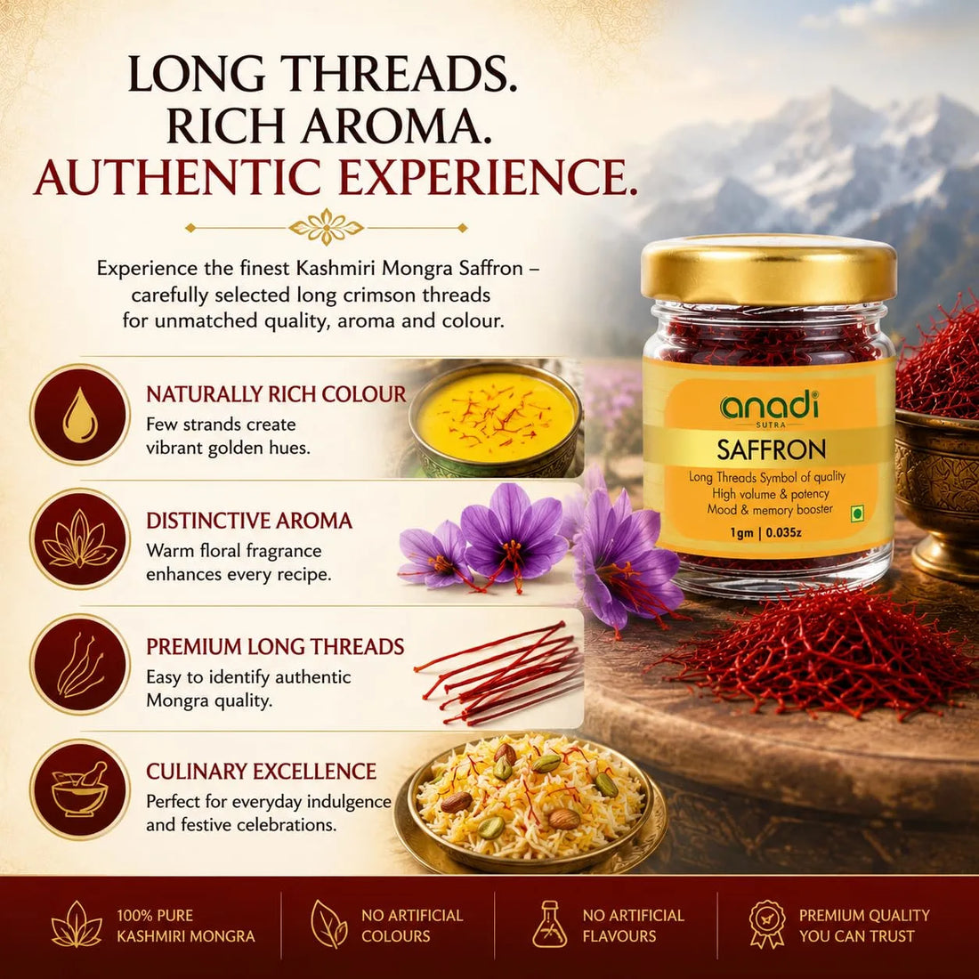 anadi SUTRA saffron jar with gold lid with dried red saffron threads and purple flower