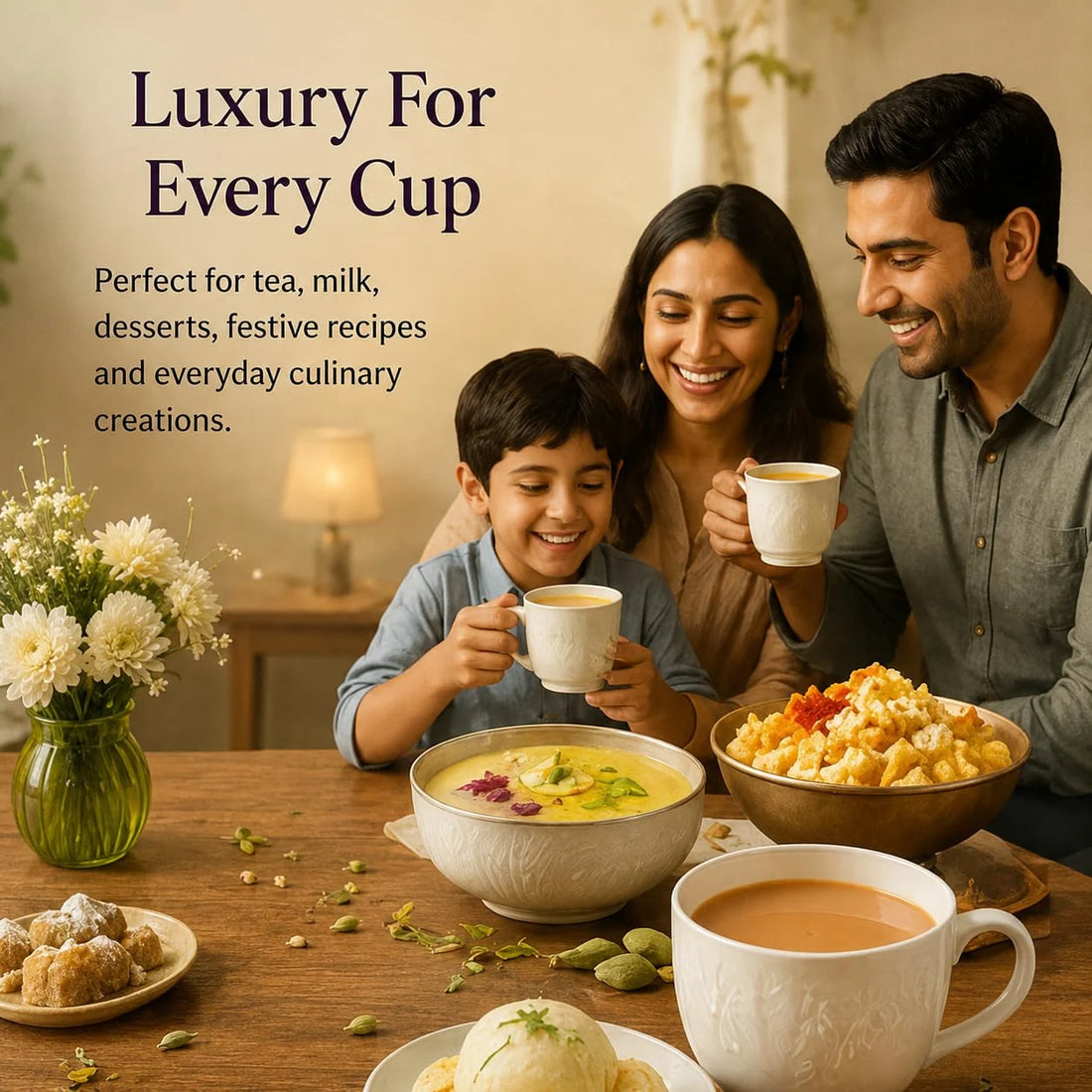 Family sharing cups of tea at a table