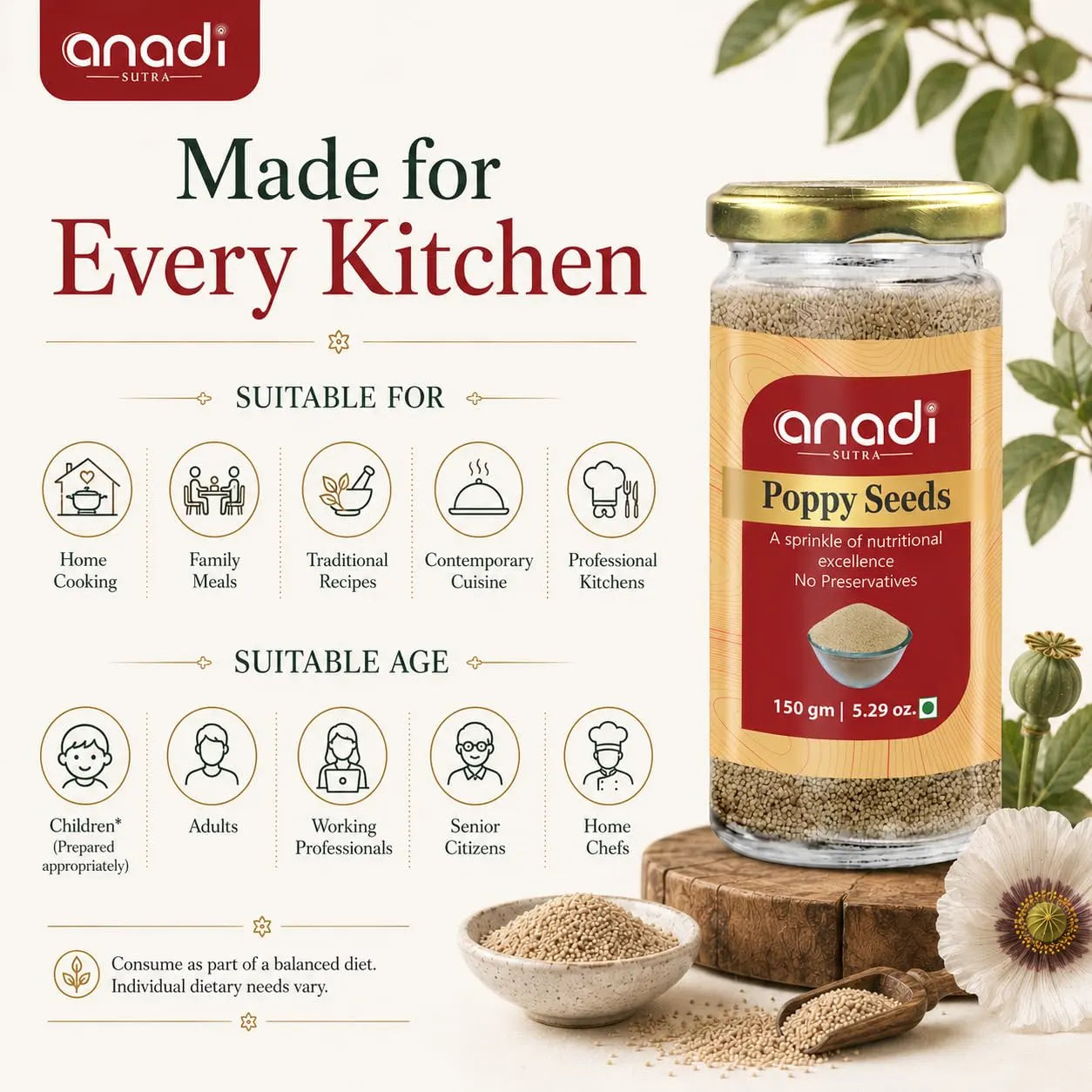 anadi Poppy Seeds jar with gold lid and two bowls of dried seeds