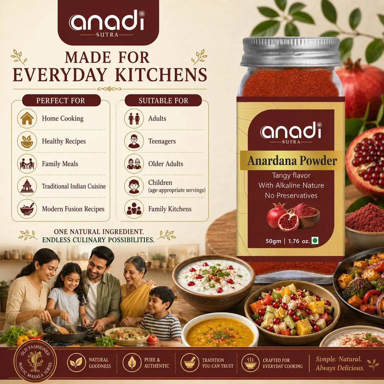 Pomegranate seed powder jar with maroon label and red powder, with bowls of food nearby