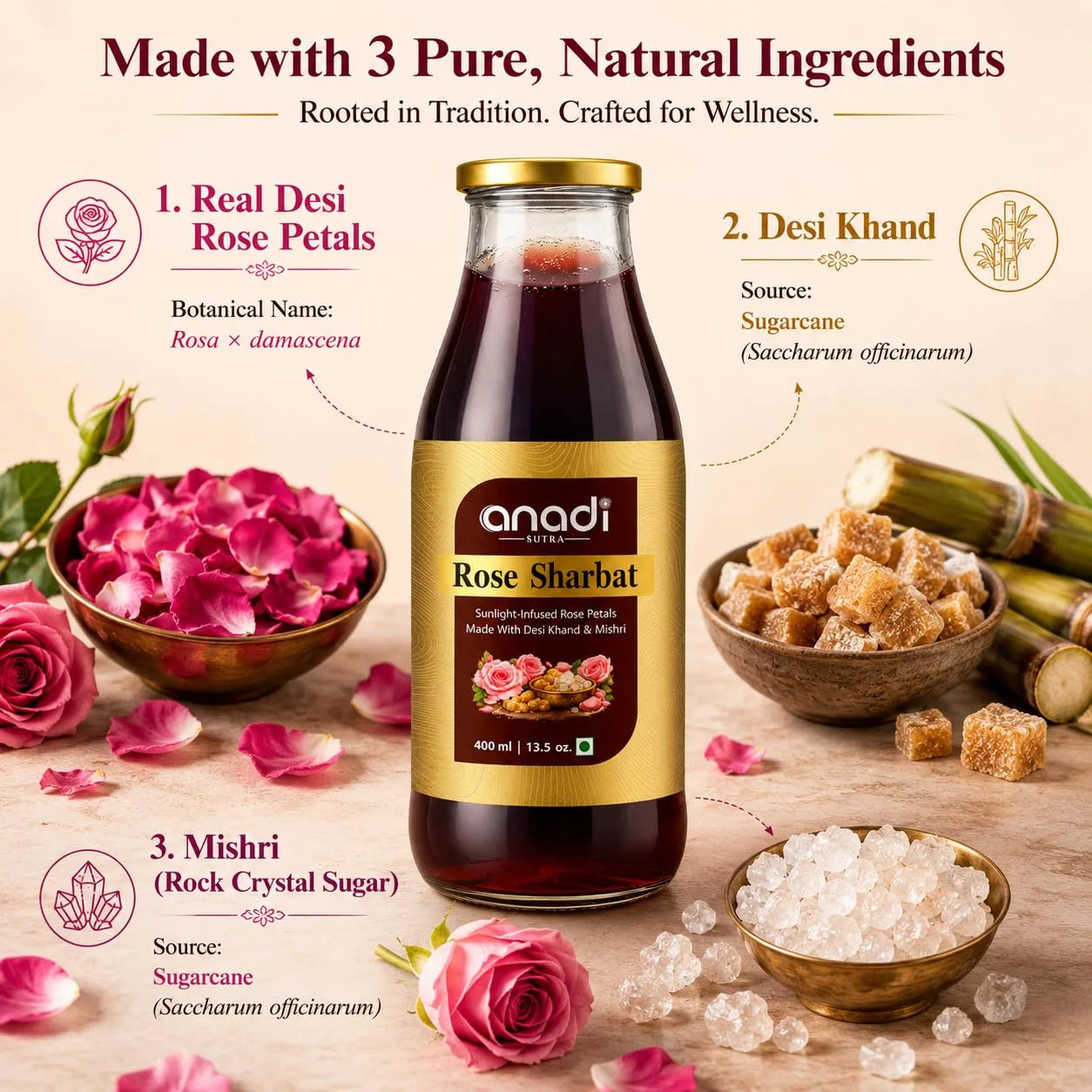 Rose sharbat bottle with gold cap, rose petal and sugar ingredient illustrations