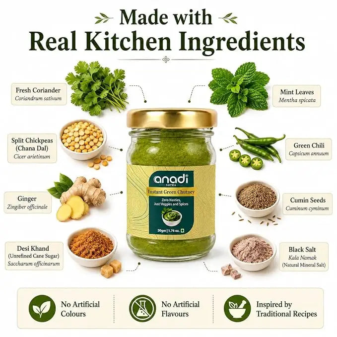 Jar of instant green chutney with visible ingredient sprigs and spices around it