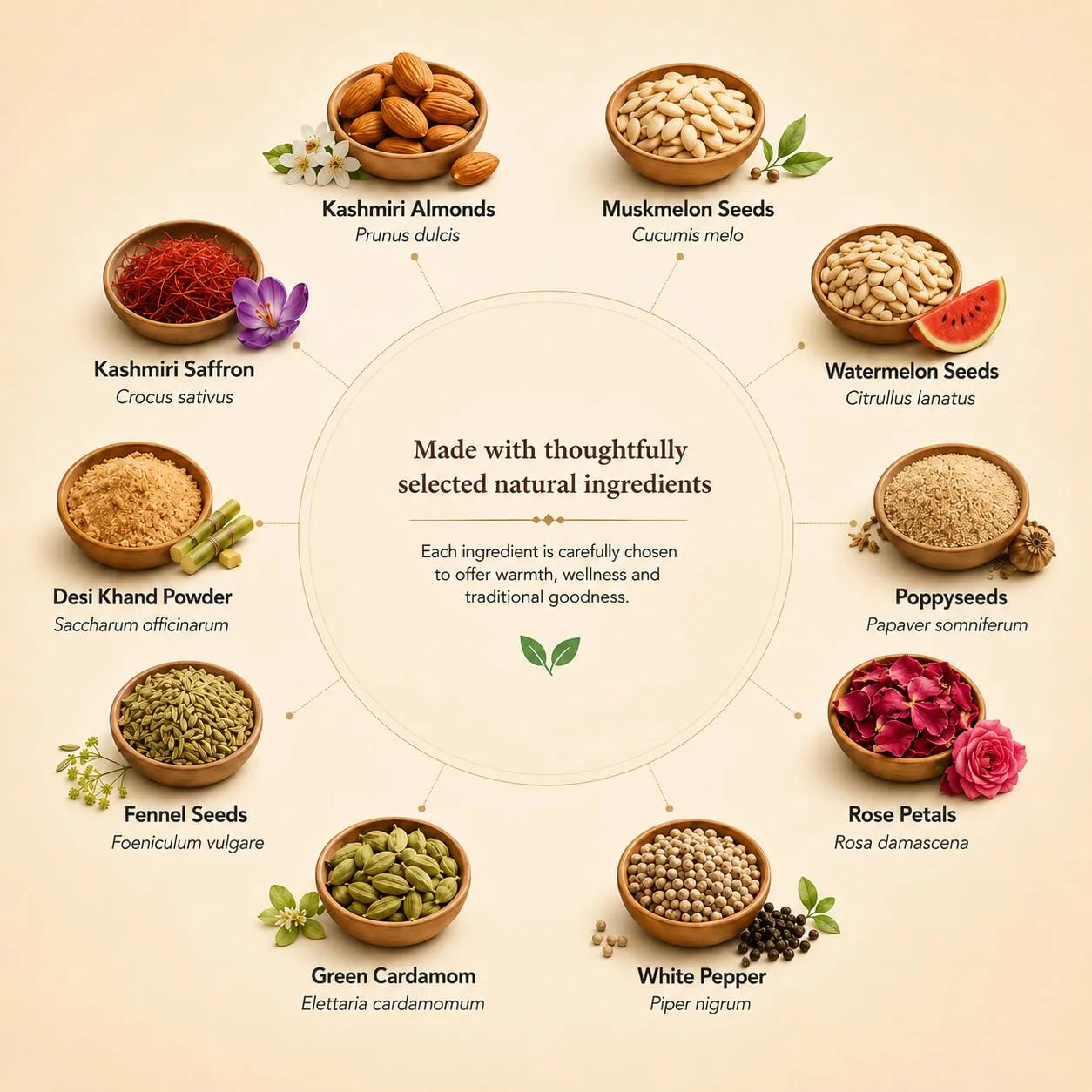 Assorted thandai ingredients in bowls, including saffron, cardamom, and nuts