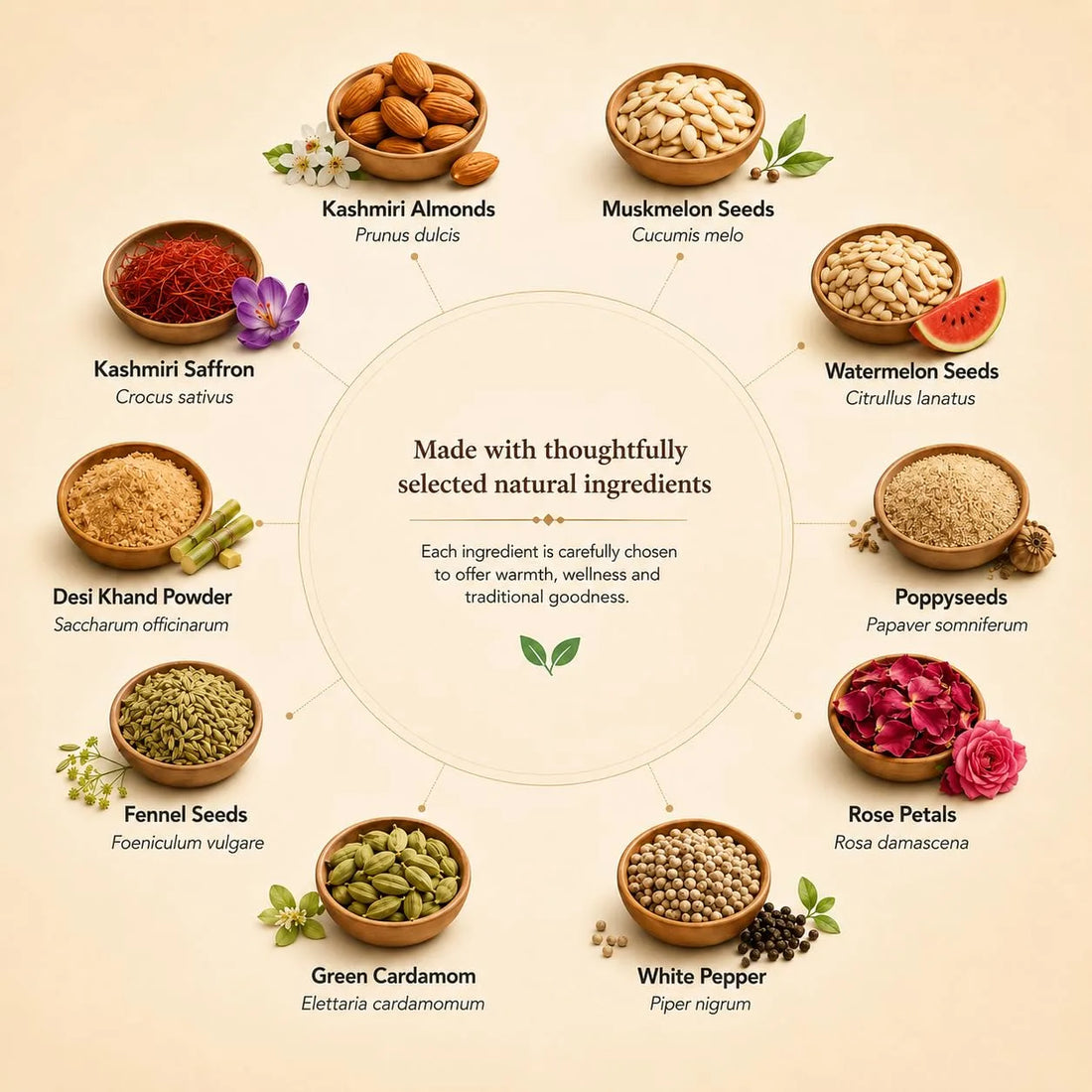 Assorted thandai ingredients in bowls, including saffron, cardamom, and nuts