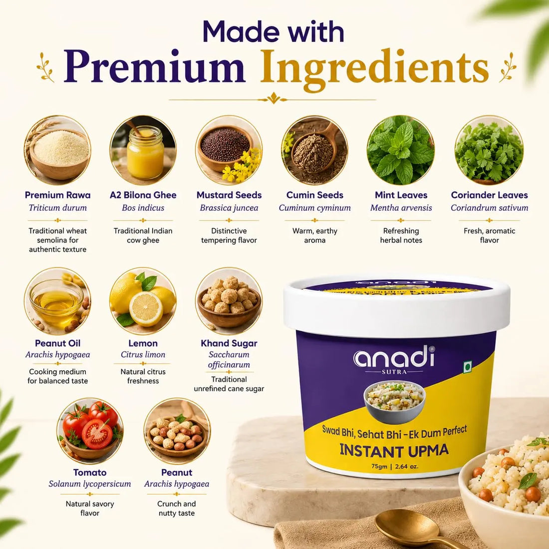 Instant upma cup with lid and bowl of upma beside displayed ingredient items.