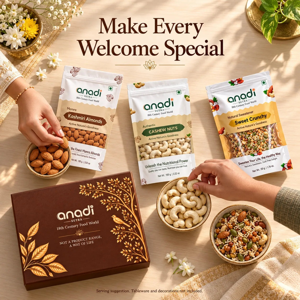 Diwali gift hamper with brown box, whole nuts bowls, and three snack pouches