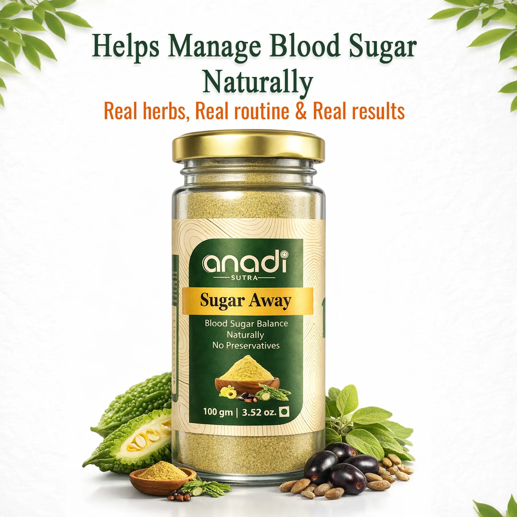 Sugar Away 100 gm | Karela Jamun Guthli, Gudmar Powder | Helps Manage Blood Sugar Levels | Helps Improve Metabolism | Balance Sweets Cravings