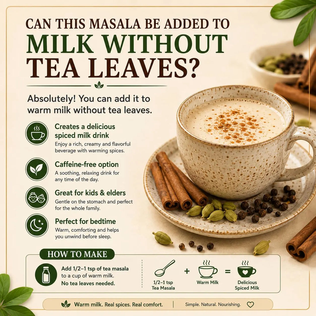 Tea masala added to warm milk in a cup with whole spices on a plate