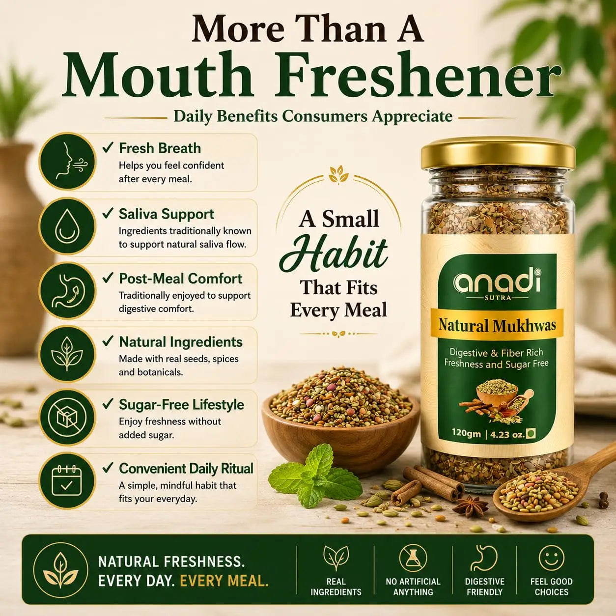 Green-labeled mukhwas jar with gold lid and small bowls of spice on benefits poster