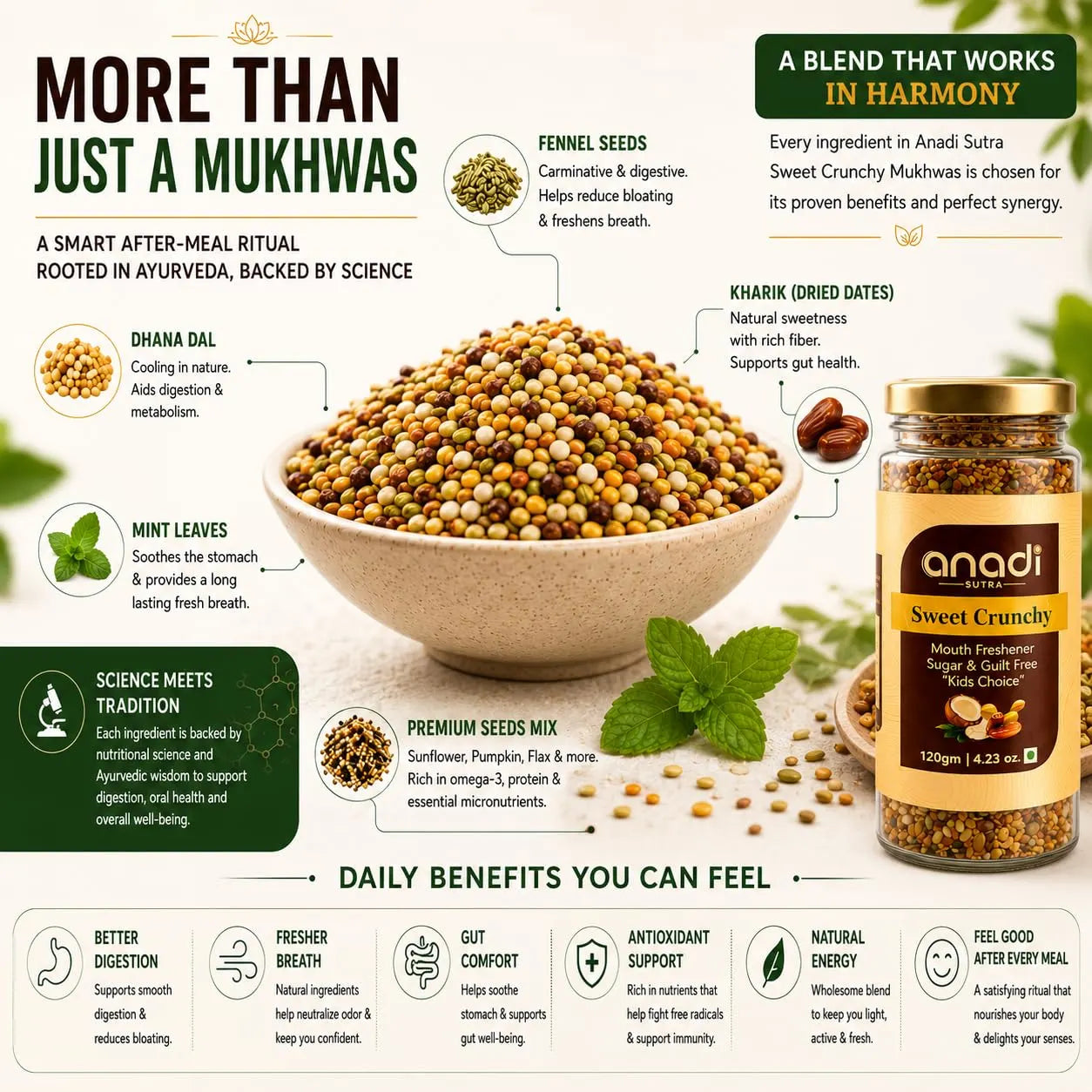 Sweet Crunchy 120 g seed mix jar beside a bowl of small yellow seeds