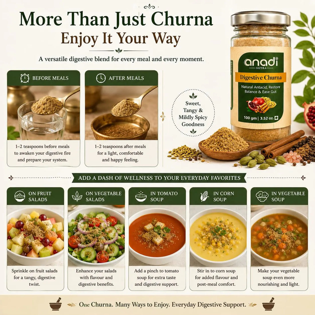 anadi sutra digestive churna bottle with green label and serving suggestions icons