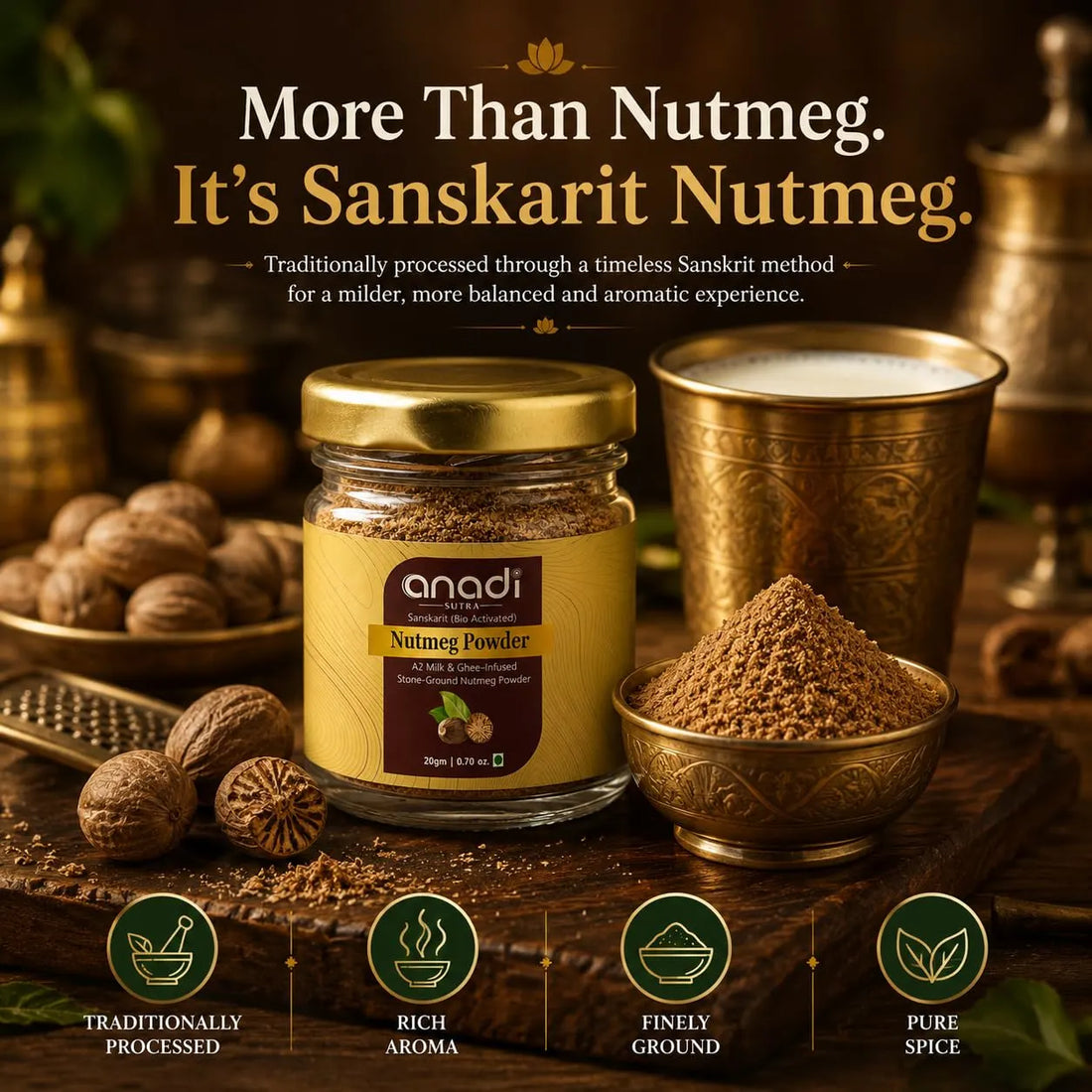 Gold-lidded nutmeg powder jar with bowls of ground nutmeg and whole nuts