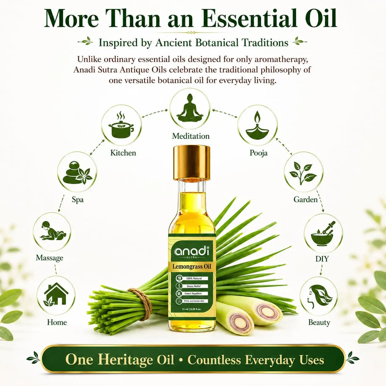 Lemongrass oil bottle with gold cap next to lemongrass stems on a cream product layout